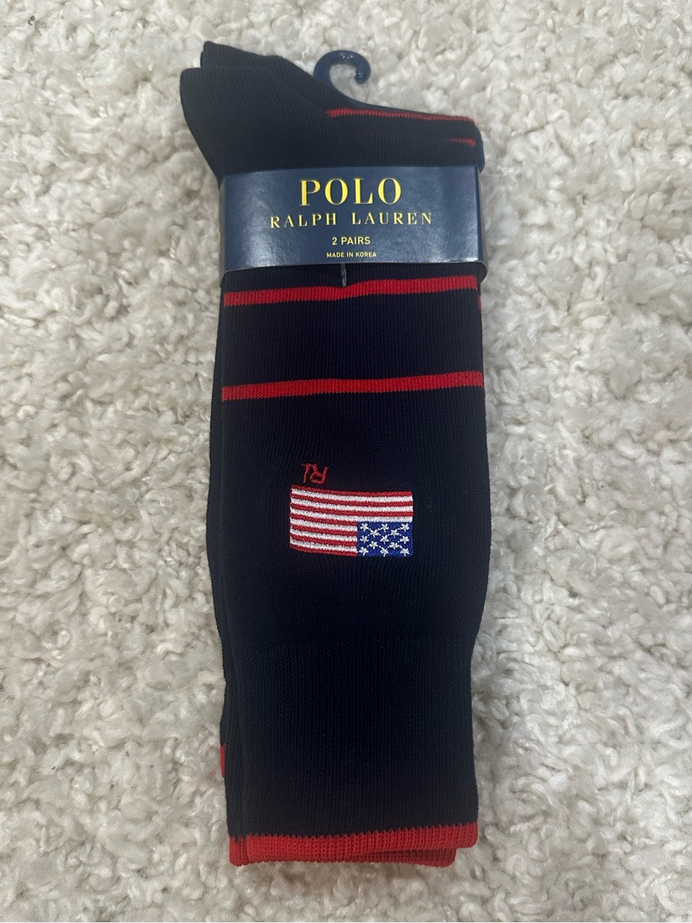 NWT Men’s Polo by Ralph Lauren 2-pairs Navy & Red Dress Socks and Flag